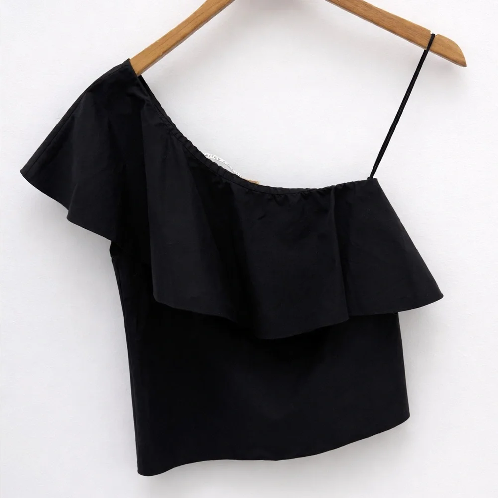 Alice + Olivia Black One Shoulder Ruffle Top | Chic Asymmetrical Blouse - Picture 4 of 7